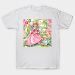 Cute mouse in a pink dress watercolor illustration T-Shirt